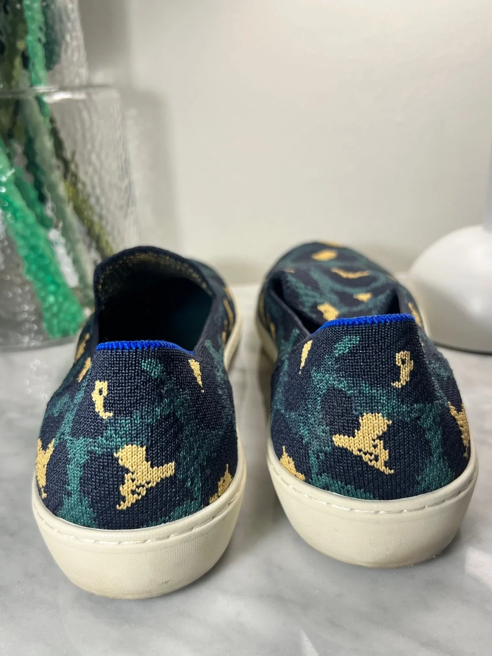 Rothy’s Original Slip On Sneaker Navy Teal Yellow Leopard Knit Shoes Size 11